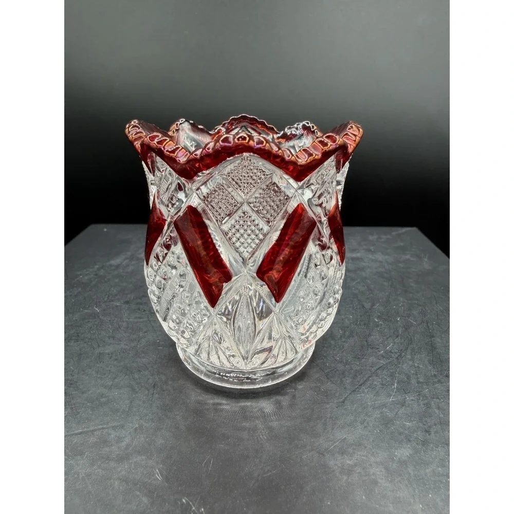 ❤️Bohemian Ruby Cut‑to‑Clear Toothpick Holder – Scalloped Rim – Diamond & Oval